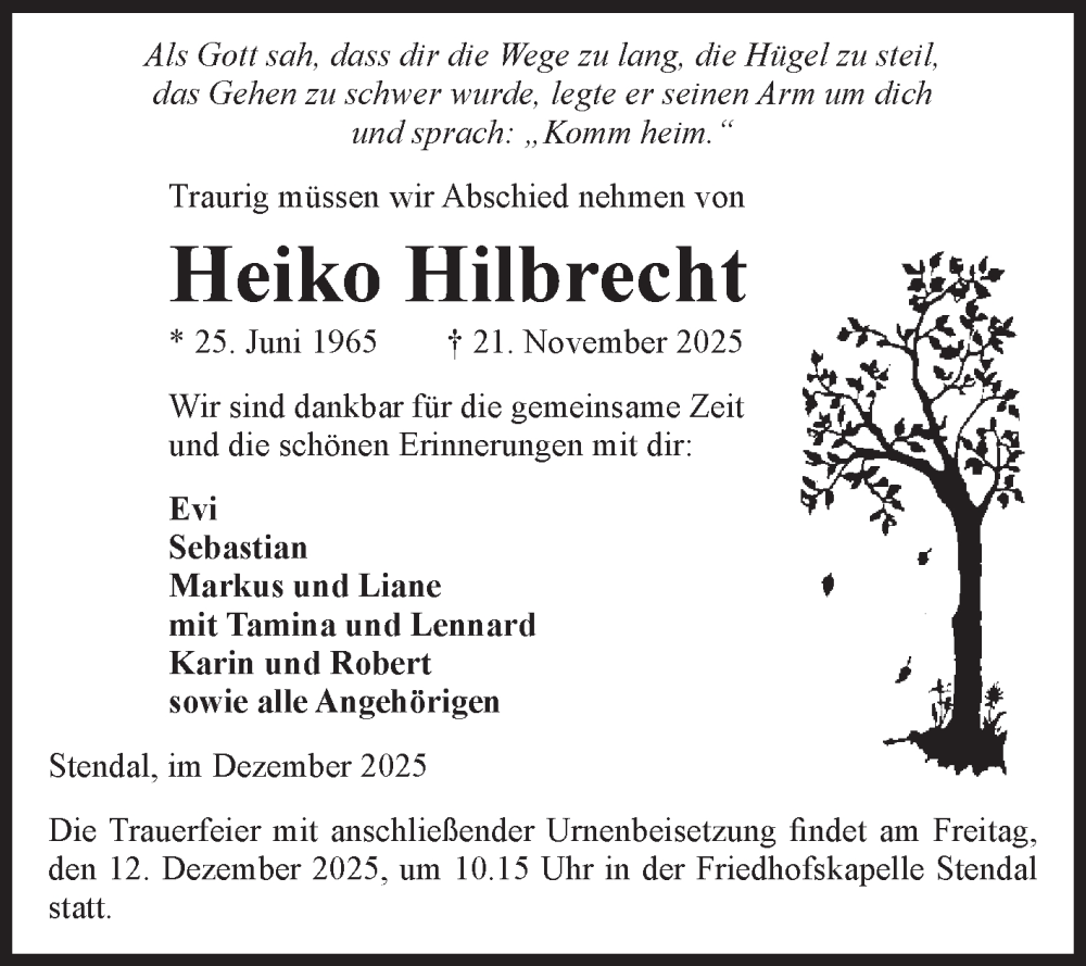  Traueranzeige für Heiko Hilbrecht vom 05.12.2025 aus Volksstimme Altmark Ost