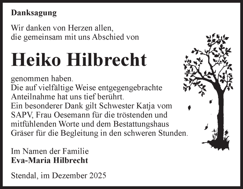  Traueranzeige für Heiko Hilbrecht vom 20.12.2025 aus Volksstimme Altmark Ost