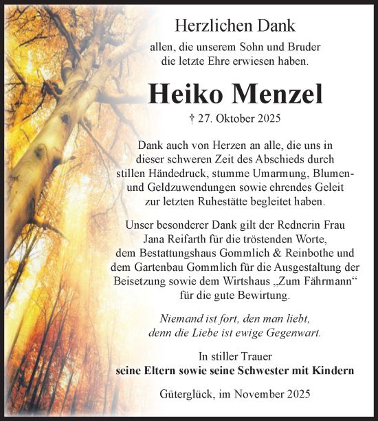 Traueranzeige von Heiko Menzel von Volksstimme Zerbst