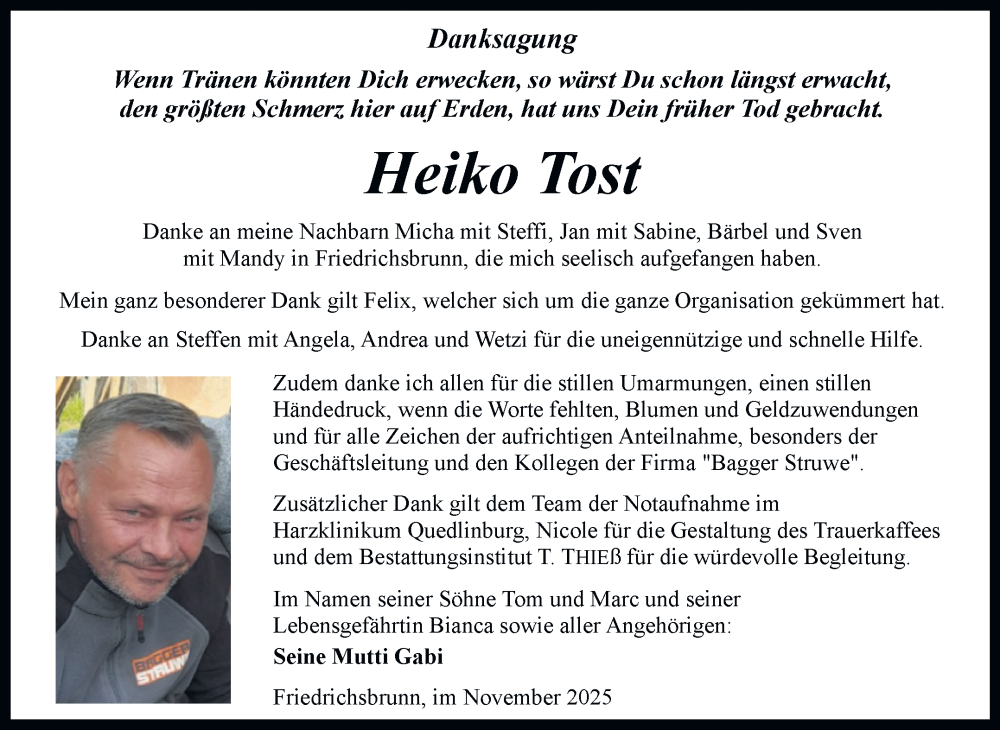  Traueranzeige für Heiko Tost vom 29.11.2025 aus Trauerkombi Quedlinburg