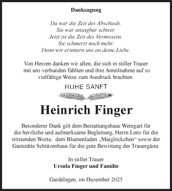 Traueranzeige von Heinrich Finger von Volksstimme Altmark West