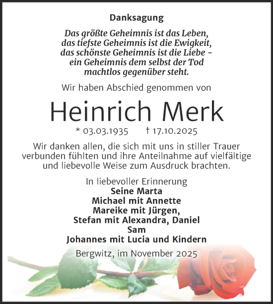 Traueranzeige von Heinrich Merk von Trauerkombi Wittenberg