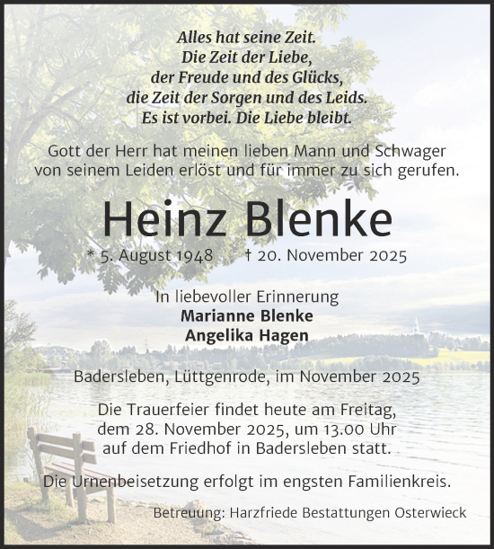 Traueranzeige von Heinz Blenke von Volksstimme Halberstadt