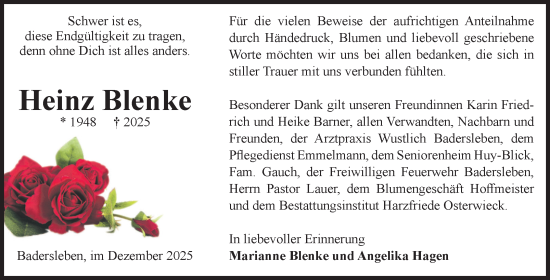 Traueranzeige von Heinz Blenke von Volksstimme Halberstadt