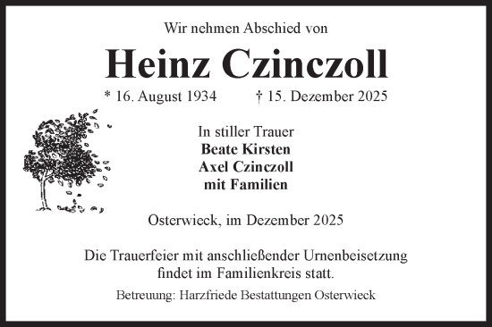 Traueranzeige von Heinz Czinczoll von Volksstimme Halberstadt