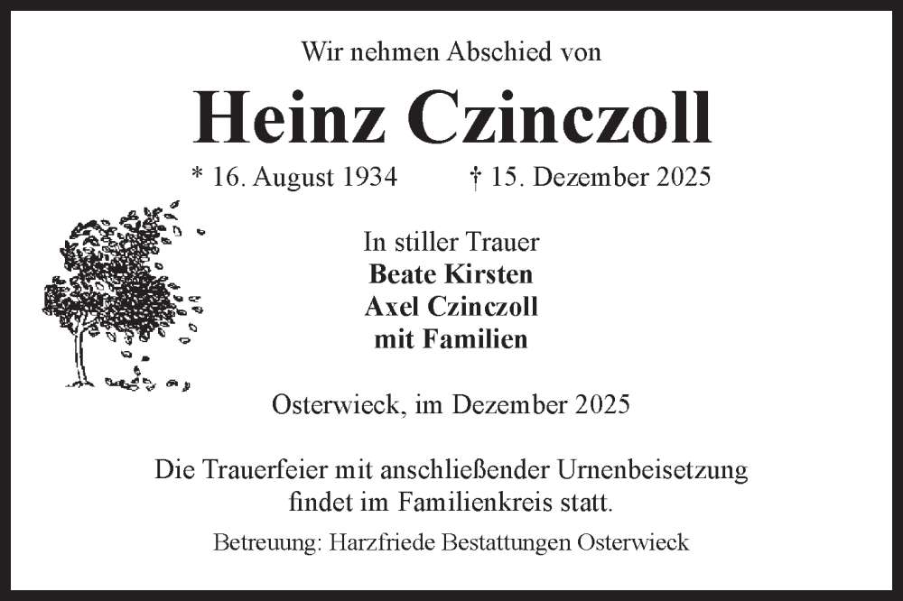  Traueranzeige für Heinz Czinczoll vom 20.12.2025 aus Volksstimme Halberstadt