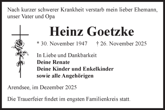 Traueranzeige von Heinz Goetzke von Volksstimme Altmark West