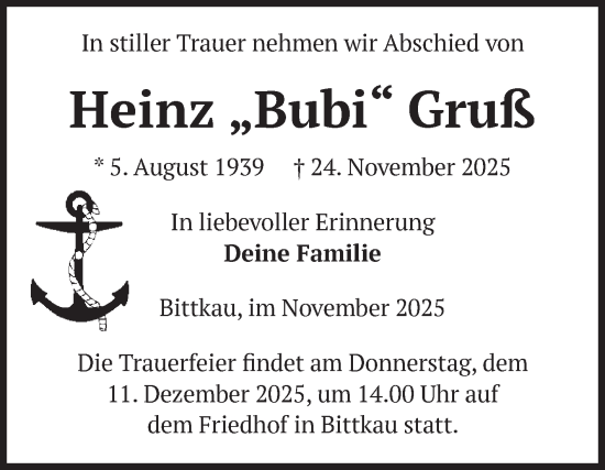 Traueranzeige von Heinz Gruß von Volksstimme Altmark Ost