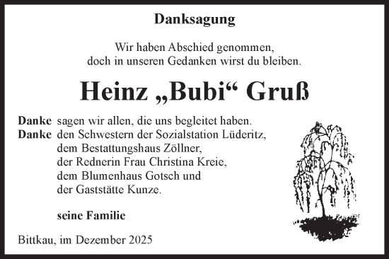 Traueranzeige von Heinz Gruß von Volksstimme Altmark Ost