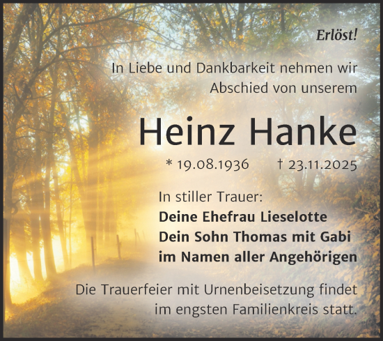 Traueranzeige von Heinz Hanke von Trauerkombi Bitterfeld