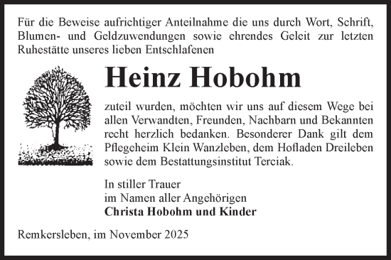 Traueranzeige von Heinz Hobohm von Volksstimme Oschersleben/Wanzleben