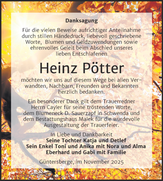 Traueranzeige von Heinz Pötter von Trauerkombi Quedlinburg