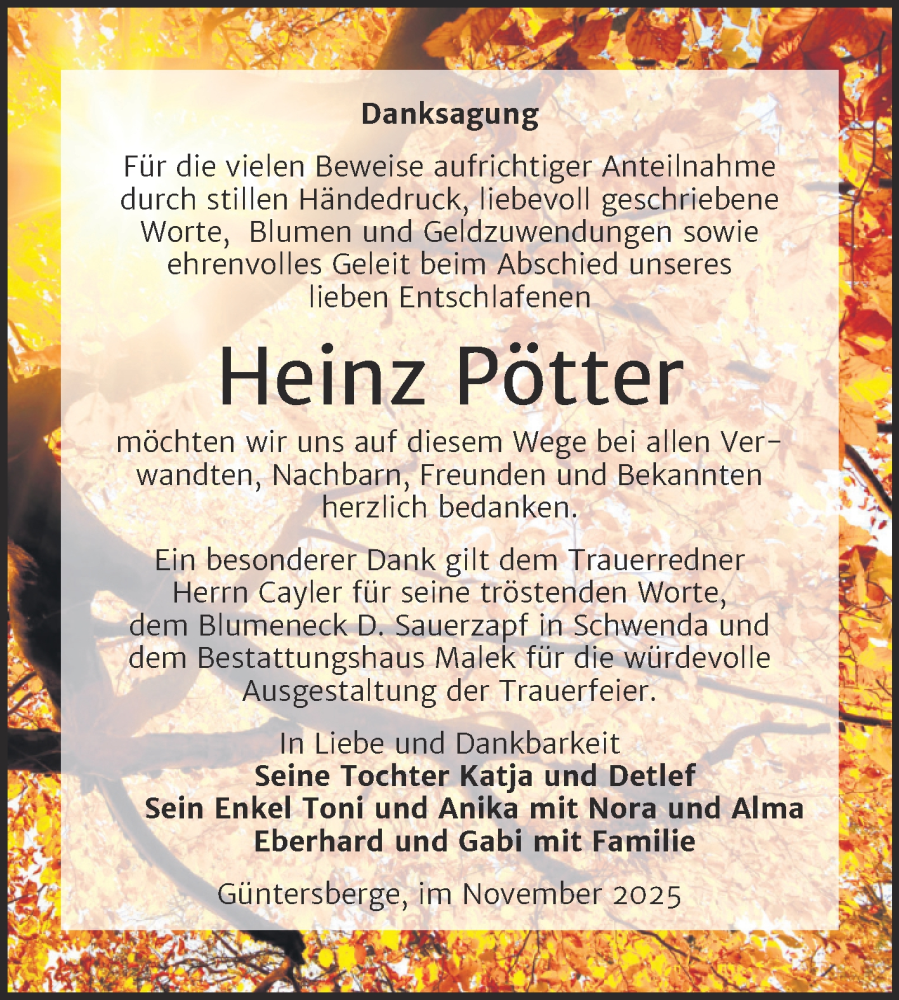  Traueranzeige für Heinz Pötter vom 06.12.2025 aus Trauerkombi Quedlinburg