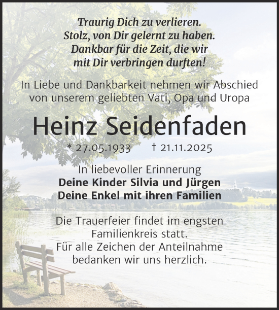 Traueranzeige von Heinz Seidenfaden von Trauerkombi Merseburg