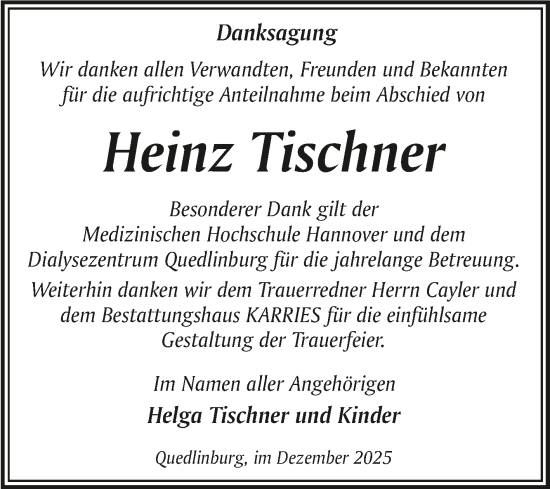 Traueranzeige von Heinz Tischner von Trauerkombi Quedlinburg