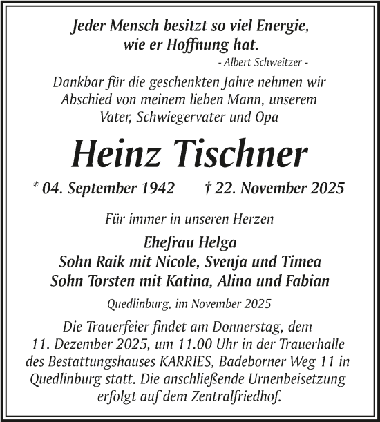 Traueranzeige von Heinz Tischner von Trauerkombi Quedlinburg