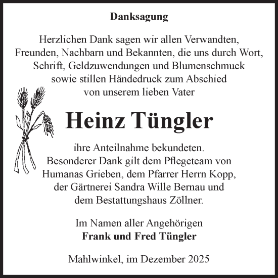Traueranzeige von Heinz Tüngler von Volksstimme Altmark Ost