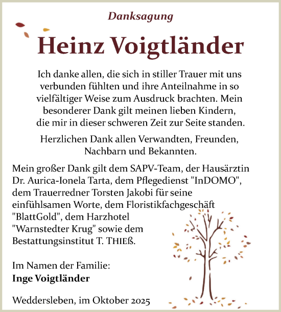Traueranzeige von Heinz Voigtländer von Trauerkombi Quedlinburg