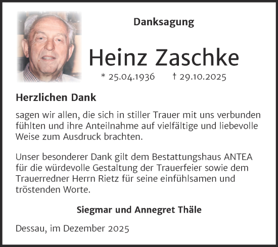 Traueranzeige von Heinz Zaschke von Trauerkombi Dessau