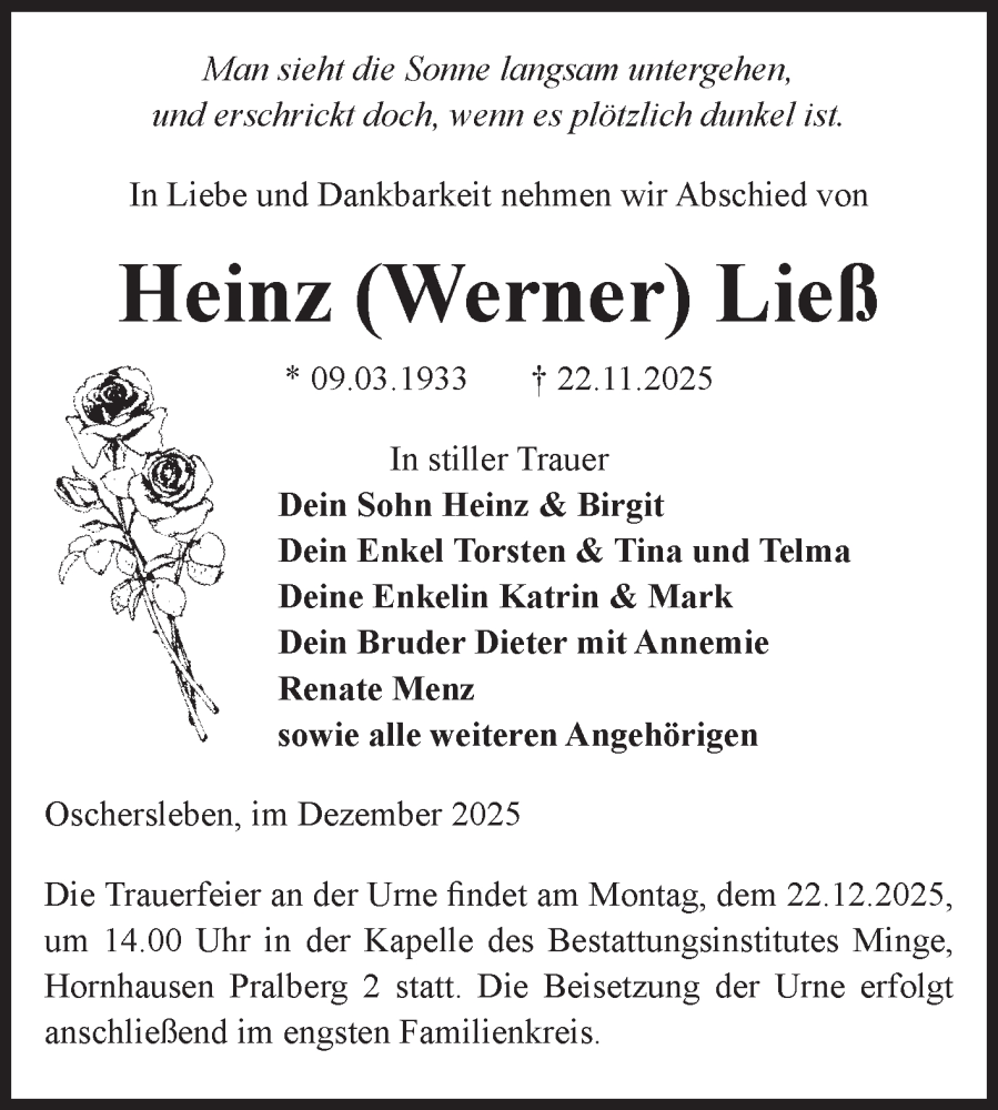  Traueranzeige für Heinz Werner Ließ vom 06.12.2025 aus Volksstimme Oschersleben/Wanzleben