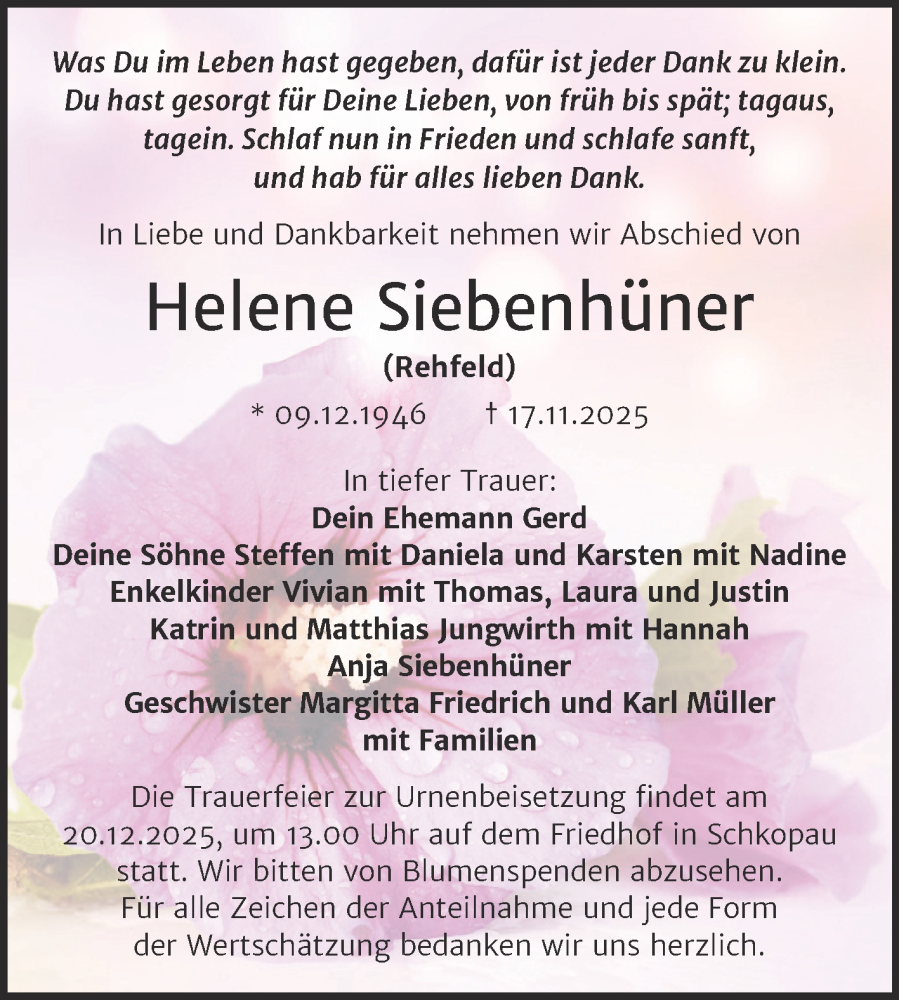  Traueranzeige für Helene Siebenhüner vom 29.11.2025 aus Trauerkombi Merseburg