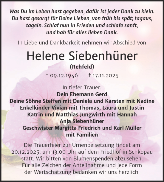 Traueranzeige von Helene Siebenhüner von Trauerkombi Merseburg