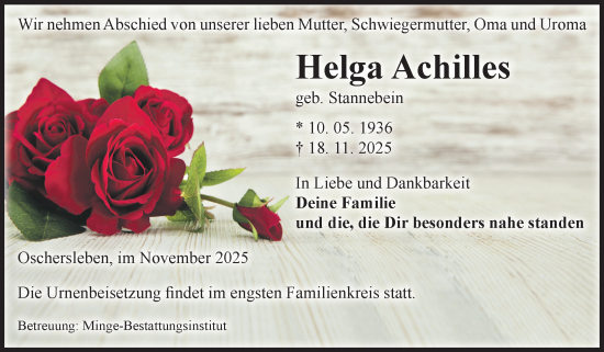 Traueranzeige von Helga Achilles von Volksstimme Oschersleben/Wanzleben