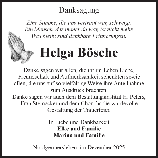 Traueranzeige von Helga Bösche von Volksstimme Haldensleben/Wolmirstedt