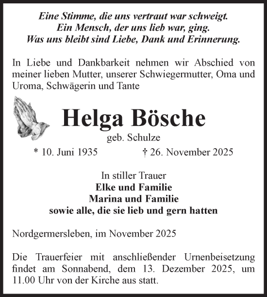 Traueranzeige von Helga Bösche von Volksstimme Haldensleben/Wolmirstedt