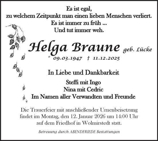 Traueranzeige von Helga Braune von Volksstimme Haldensleben/Wolmirstedt