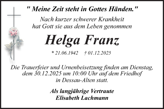 Traueranzeige von Helga Franz von Trauerkombi Dessau