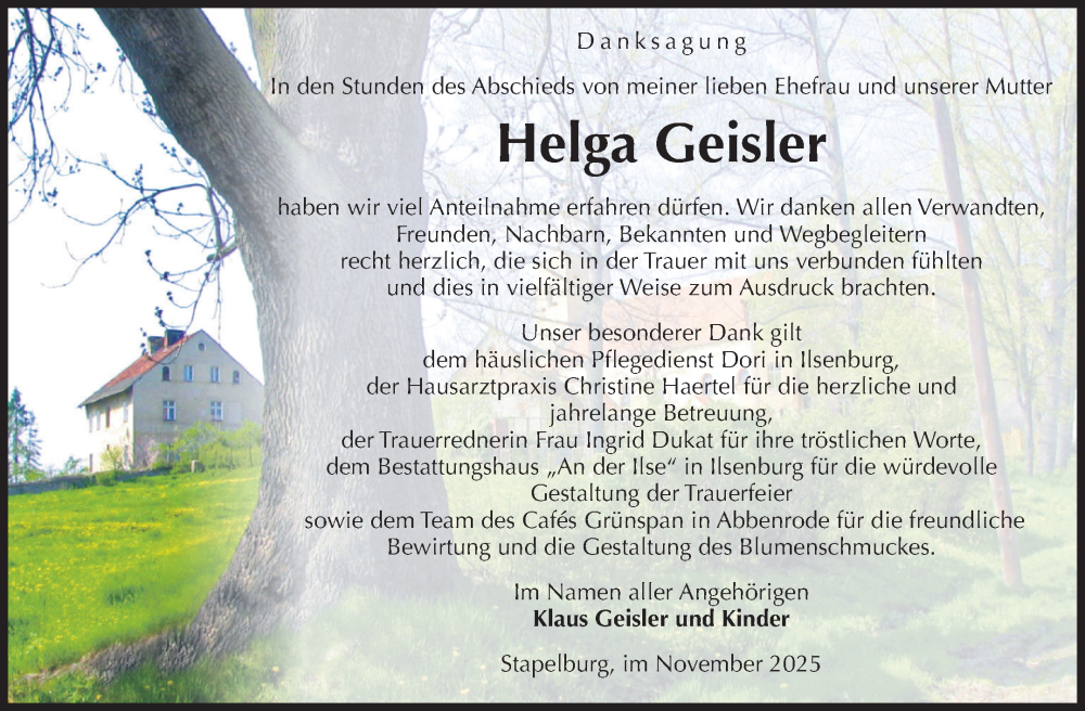 Traueranzeige für Helga Geisler vom 29.11.2025 aus Volksstimme Wernigerode