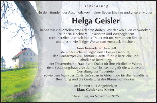 Traueranzeige von Helga Geisler von Volksstimme Wernigerode