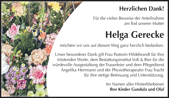 Traueranzeige von Helga Gerecke von Volksstimme Wernigerode