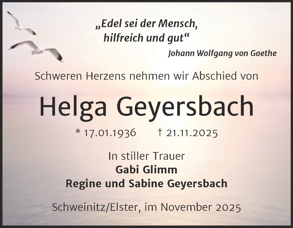  Traueranzeige für Helga Geyersbach vom 29.11.2025 aus Trauerkombi Wittenberg