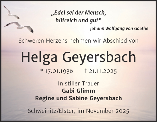 Traueranzeige von Helga Geyersbach von Trauerkombi Wittenberg