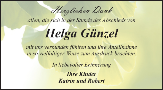 Traueranzeige von Helga Günzel von Trauerkombi Dessau