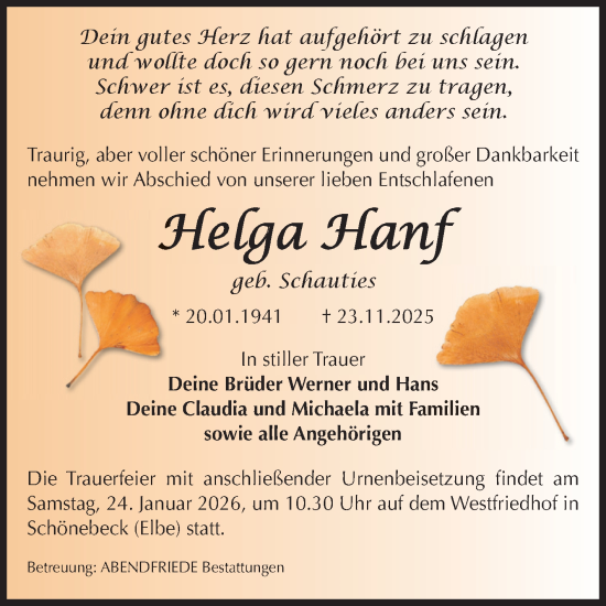 Traueranzeige von Helga Hanf von Volksstimme Schönebeck