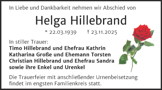 Traueranzeige von Helga Hillebrand von Mitteldeutsche Zeitung Dessau-Roßlau