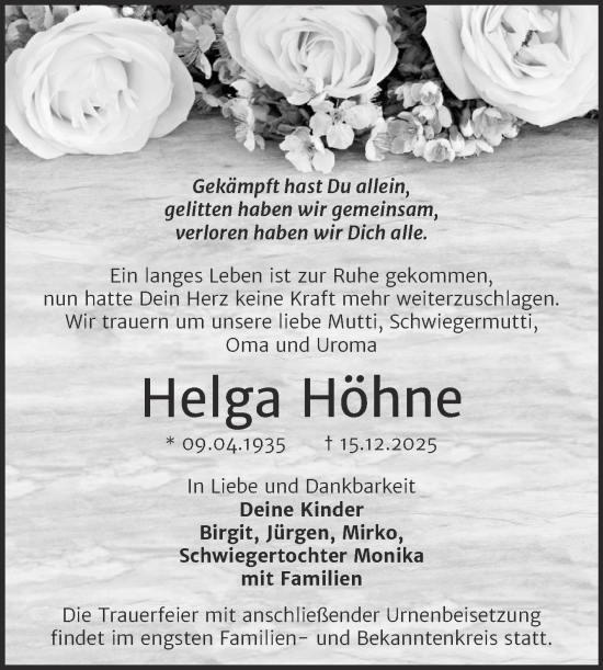 Traueranzeige von Helga Höhne von Trauerkombi Bitterfeld