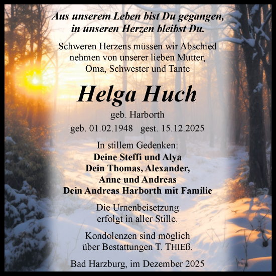 Traueranzeige von Helga Huch von Trauerkombi Quedlinburg
