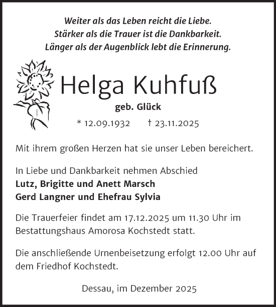 Traueranzeige von Helga Kuhfuß von Trauerkombi Dessau