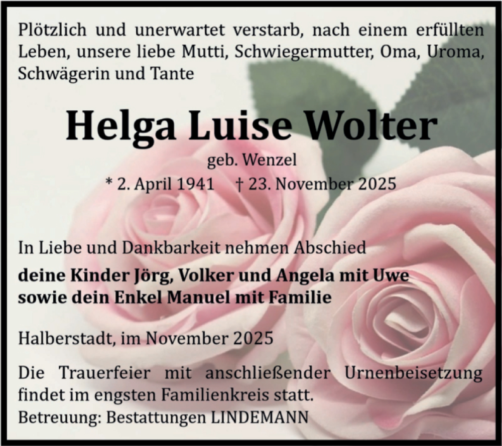  Traueranzeige für Helga Luis vom 29.11.2025 aus Volksstimme Halberstadt