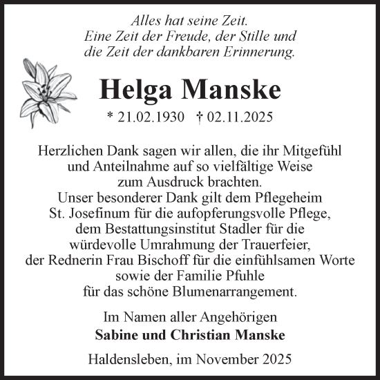 Traueranzeige von Helga Manske von Volksstimme Haldensleben/Wolmirstedt