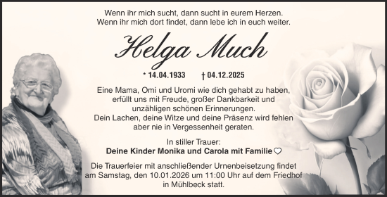 Traueranzeige von Helga Much von Trauerkombi Bitterfeld