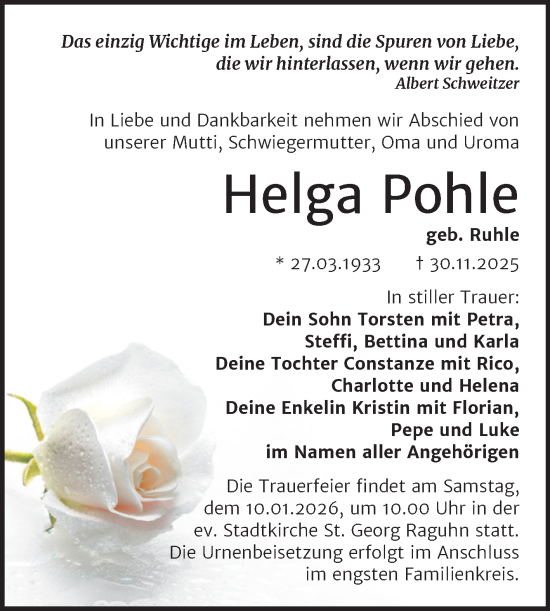 Traueranzeige von Helga Pohle von Trauerkombi Bitterfeld