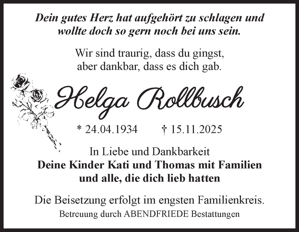  Traueranzeige für Helga Rollbusch vom 29.11.2025 aus Volksstimme Magdeburg