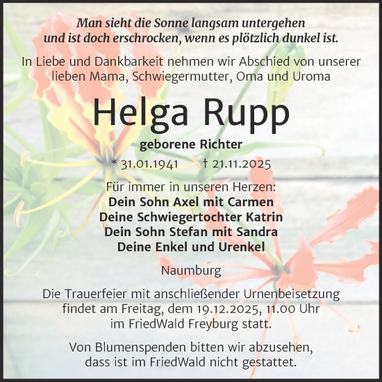 Traueranzeige von Helga Rupp von Super Sonntag Naumburg/Nebra