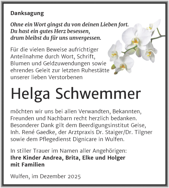 Traueranzeige von Helga Schwemmer von Trauerkombi Köthen