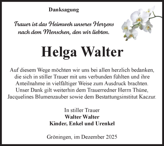 Traueranzeige von Helga Walter von Volksstimme Oschersleben/Wanzleben
